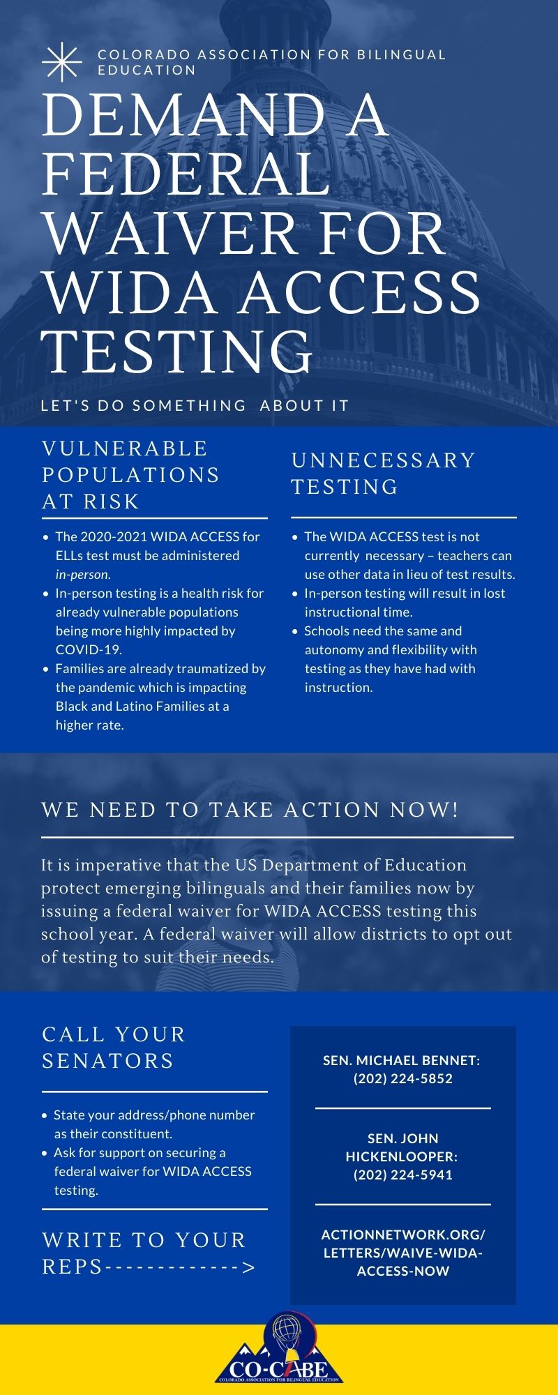 Read more about the article CO-CABE asks for the US Department of Education to issue a waiver for the WIDA ACCESS test